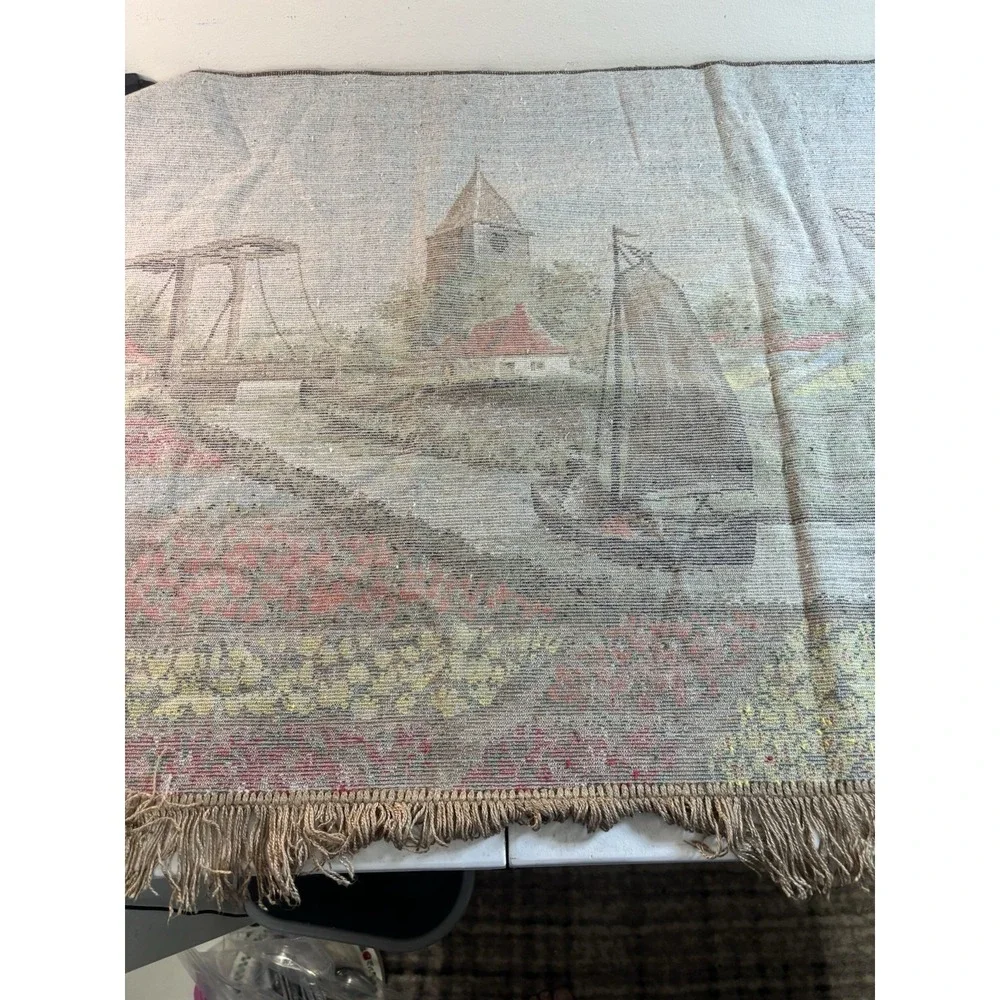 Vintage Dutch Waterways River Wall Tapestry Rug Art Windmill Tulip Fields 25x43